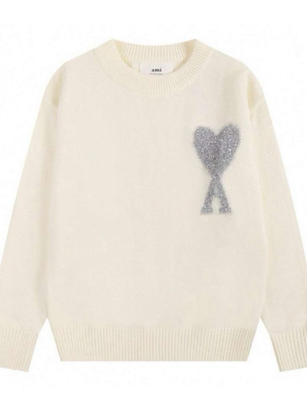 AMI De Coeur Off‑White Knit Sweater Silver Sparkle Heart A Logo Jumper